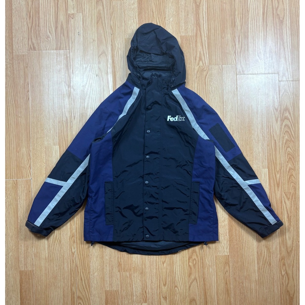 Vintage FedEx Employee Uniform Rain Jacket Reflective Hooded Windbreaker Navy L